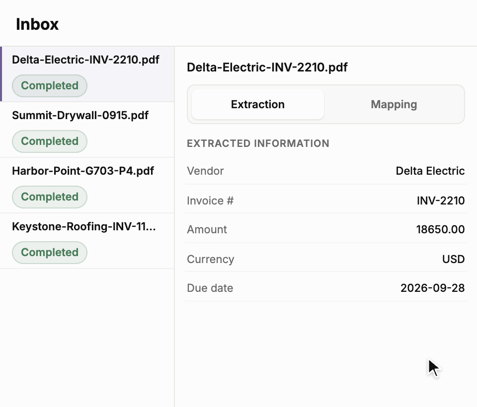 An emailed invoice PDF lands in the Inbox and its vendor, invoice number, amount, and due date are extracted.