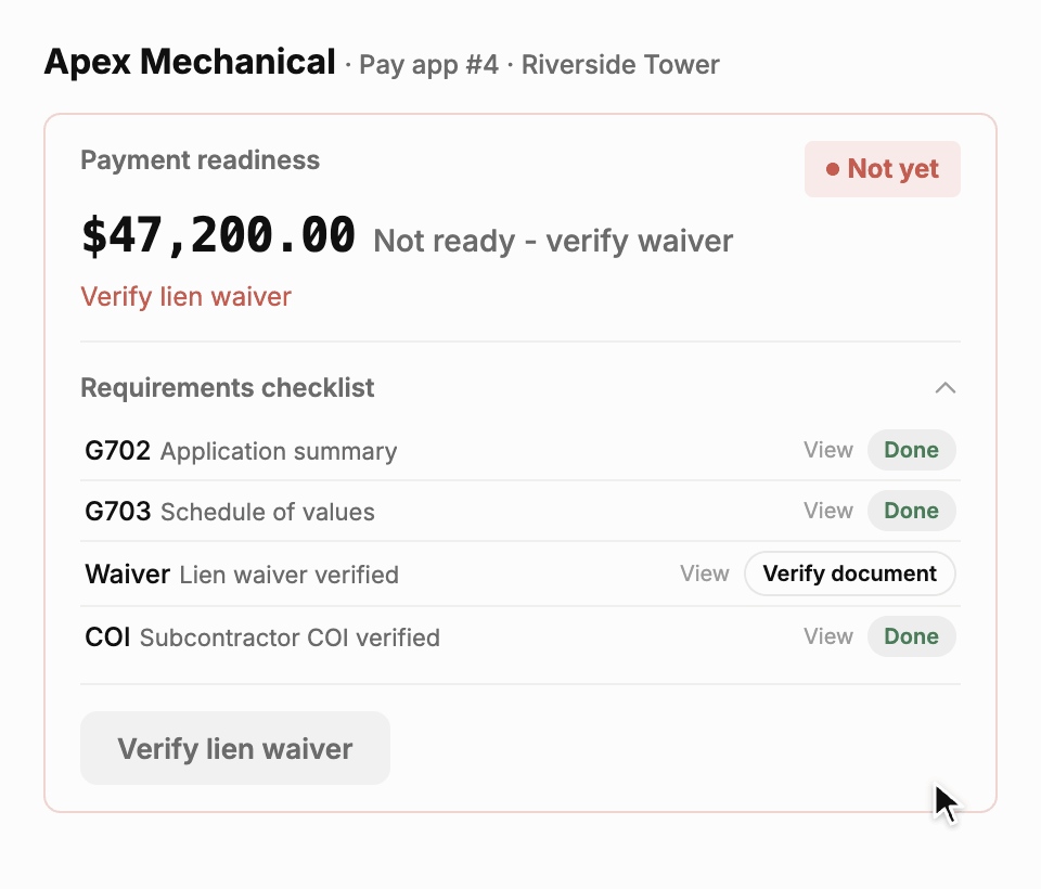A pay app shows Not yet until its lien waiver is verified, then unlocks Mark paid.